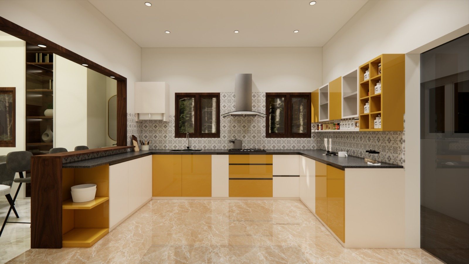 Modular kitchen in yellow and white with a patterned dado