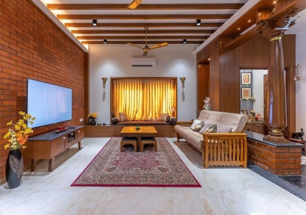 Traditional living room in brick, teak and carpet